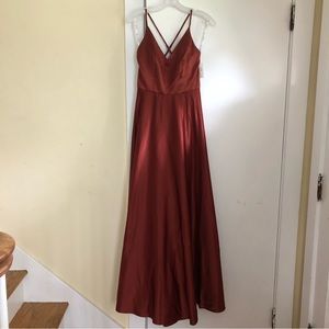 David’s Bridal // cinnamon spaghetti strap satin a-line bridesmaid dress